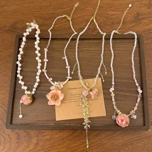 Zoete Roze Roos Bloem Kralen Ketting Voor Vrouwen Elegante Parel Kristal Choker Handgemaakte Bloemen Hanger Sieraden Halsketting Cadeau