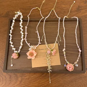 Zoete roze roos bloem kralen ketting set, elegante kristallen parel choker voor dames.