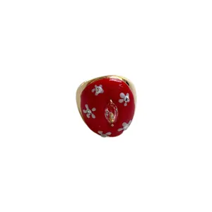 Vintage red enamel floral chunky gold ring with crystal rhinestone detail for women fashion