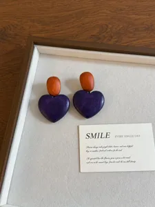 Handmade wooden heart earrings with unique contrast color design, vintage drop earrings.
