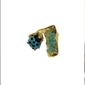 Vintage blue ladybug open ring with crystal and stone details, trendy fashion jewelry.
