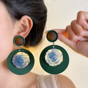 Vintage Geometric Wood Resin Flower Earrings For Women Niche Aesthetic Blue Flower Stud Earrings With 925 Sterling Silver Post
