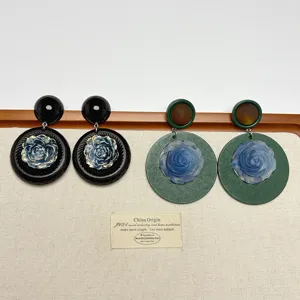 Vintage wooden geometric earrings with blue floral drop design, unique personality jewelry.