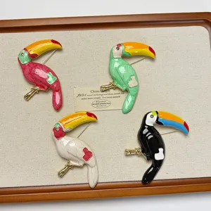 Vintage enamel toucan brooch set, colorful metal bird pin for women fashion accessories
