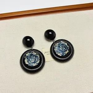 Vintage black and blue floral stud earrings with unique geometric design for women stylish jewelry