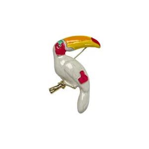 Vintage enamel toucan bird brooch detail view, colorful fashion metal pin accessory for women
