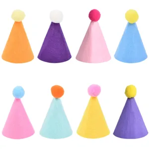 Vue détaillée de chapeaux coniques de fête d'anniversaire pour animaux en feutre coloré.