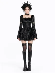 Gothic black velvet lace dress dark style vintage long sleeve party cosplay costume outfit
