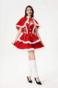 Encantador conjunto de vestido capa de terciopelo de Navidad para mujer disfraz fiesta.