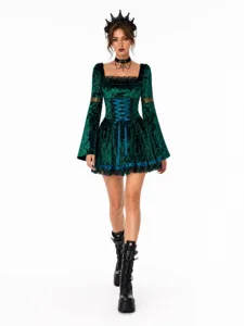 Gothic velvet dress detail featuring long trumpet sleeves, square neckline and lace trim.