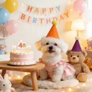 Charmant chapeau d'anniversaire pour animal en feutre, parfait pour fête chien chat détails.