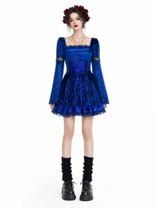 Gothic velvet mini dress with corset lacing and bell sleeves, perfect for parties.
