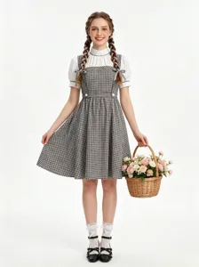 Costume de Cosplay pour Femmes et Enfants Robe à Carreaux en Polyester Manches Courtes Style Pastoral Tenue de Scène de Fête