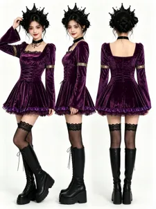 Gothic velvet mini dress featuring lace-up front, bell sleeves, and delicate dark lace trims.
