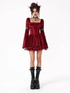 Gothic vampire red velvet mini dress with lace trim, perfect for Halloween and party wear.