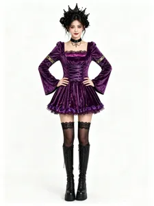 Gothic purple velvet lace dress details with delicate trim, corset lacing and flare sleeves.