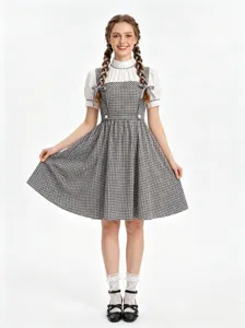 Ensemble robe chasuble à carreaux avec blouse blanche, costume cosplay champêtre pour femme.