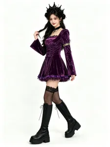 Gothic velvet dress details, vintage purple lace design, dark vampire style costume for women.