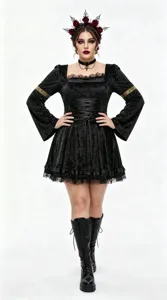 Gothic black velvet dress detail showing lace trim, corset lacing, and trumpet sleeves.