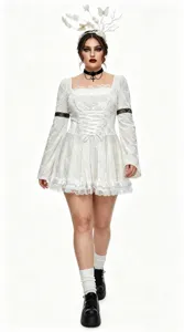 Gothic white lace dress plus size women vampire long sleeve tiered hem party costume