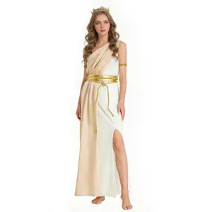 Detail shot of a white and gold Greek goddess long dress costume with matching accessories.
