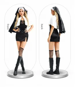 Sexy nun costume detail showing front and back views with high boots and fishnet stockings.