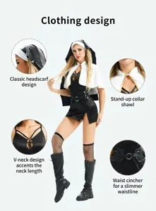 Sexy vampire nun costume for Halloween adult role play with cross cape and dress.