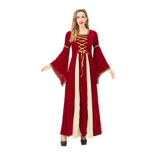 Medieval Renaissance Dress Vintage Court Witch Costume Long Sleeve Red Dress
