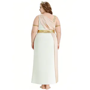 Vista posteriore dettagliata del magnifico costume da dea greca con cintura dorata.