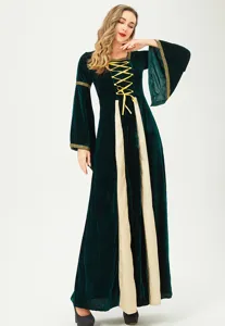 Medieval renaissance velvet dress detail, dark green costume lace up sleeve and front view.