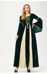 Renaissance medieval velvet long sleeve dress detail showcasing elegant lace-up bodice.