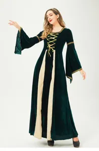 Medieval Renaissance Vintage Court Witch Costume Elegant Green Velvet Long Sleeve Dress
