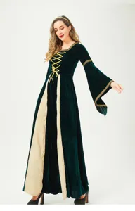 Detailed view of the medieval renaissance velvet maxi dress with gold lace-up and bell sleeves.