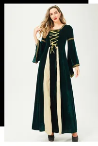 Detailed view of the medieval renaissance velvet long dress with gold lace-up design.