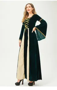 Medieval Renaissance vintage women long dress green velvet cosplay costume party gown