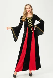 Medieval renaissance vintage witch costume dress for women, black and red retro long gown.