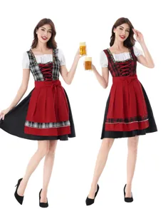 Traditional German Oktoberfest dirndl dress set with checkered bodice and red apron for women.
