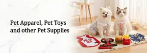 Assorted collection of squeaky plush dog toys and stylish pet apparel for small dogs