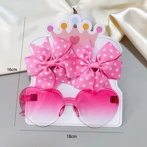 Detaillierte Maße für Herz-Sonnenbrille und rosa Schleifen-Haarspangen-Set für Kinder, 18 cm