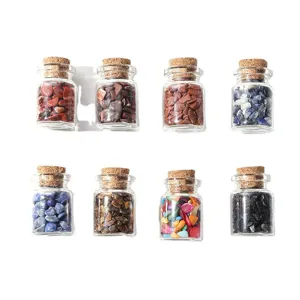 Set of 8 glass wish bottles filled with natural irregular crystal crushed stones