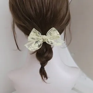 French Mori Style Lace Bow Scrunchie With Artificial Pearl Pendant Sweet Floral Embroidery Hair Tie Elegant Headwear