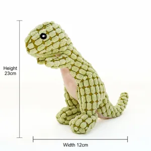 Detailed size guide for green dinosaur squeaky plush dog toy, measuring 23cm by 12cm
