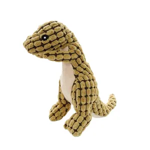 Durable plush dinosaur dog squeaky chew toy made of soft textured corn velvet fabric