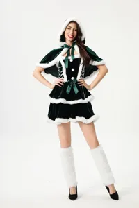 Disfraz de Navidad vestido de terciopelo verde capa con capucha traje festivo