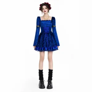 Gothic blue velvet long sleeve mini dress with lace trim and corset lacing for women.