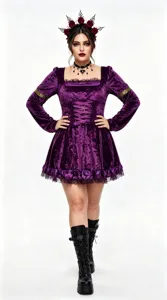 Gothic velvet mini dress with lace trim, corset lacing, and long sleeves for Halloween.