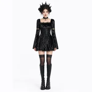 Gothic dark black velvet mini dress featuring exquisite lace trim and corset waist.