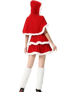 Disfraz de Santa Claus rojo con capa con capucha y ribetes de piel sintética blanca elegante.