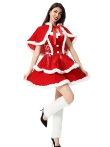Conjunto de disfraz de Navidad rojo con capa de terciopelo, vestido con peluche y calentadores.