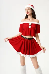 Christmas costume details, adult women off-shoulder red top and pleated skirt holiday outfit.